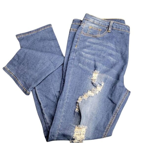 Hungson Distressed Destroyed Ripped Blue Denim Skinny Jeans - Picture 12 of 12